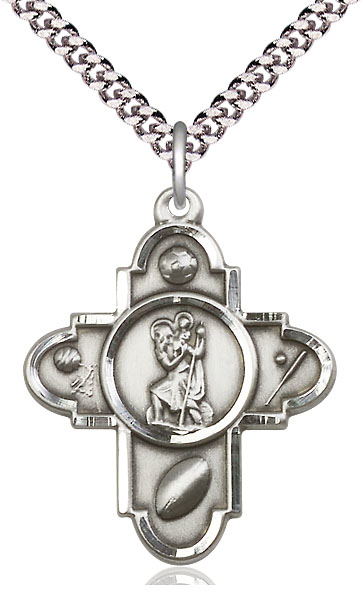 Sterling Silver Sports 5-Way St Christopher Pendant on a 24 inch Light Rhodium Heavy Curb chain