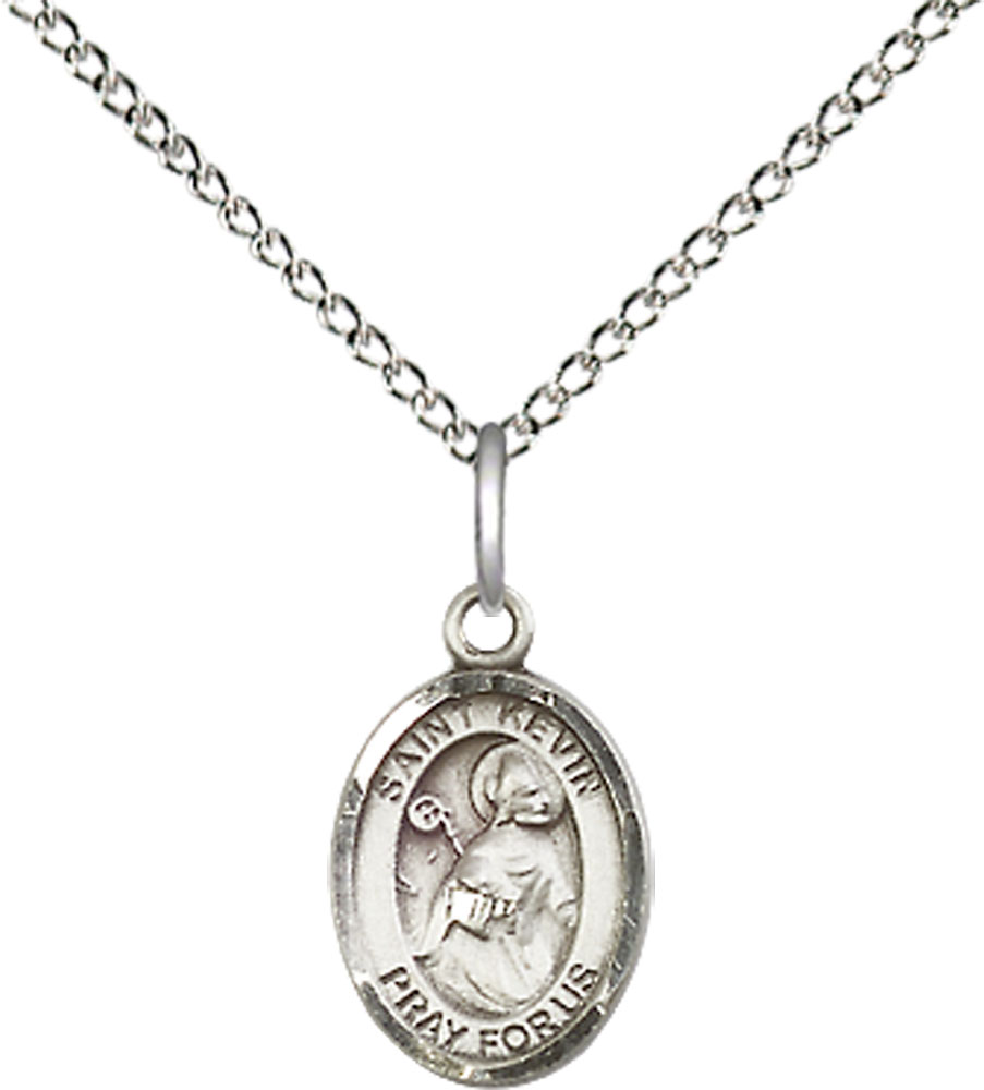 Sterling Silver Saint Kevin Pendant on a 18 inch Sterling Silver Light Curb chain