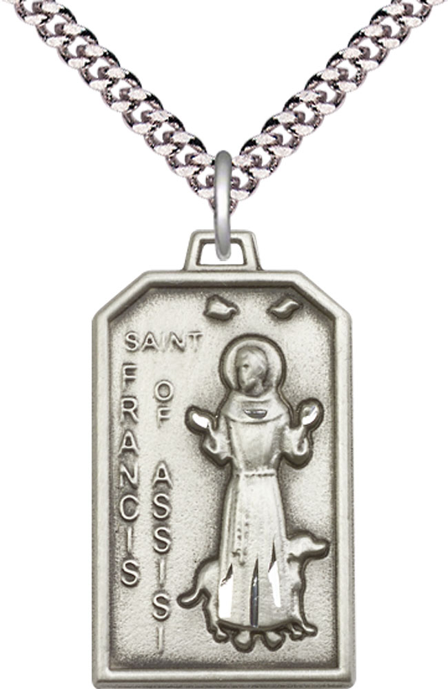 Sterling Silver Saint Francis Pendant on a 24 inch Light Rhodium Heavy Curb chain