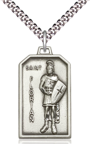 Sterling Silver Saint Florian Pendant on a 24 inch Light Rhodium Heavy Curb chain