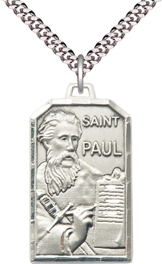 Sterling Silver Saint Paul the Apostle Pendant on a 24 inch Light Rhodium Heavy Curb chain
