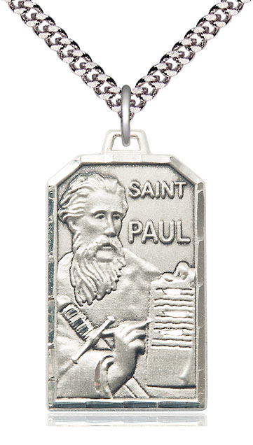 Sterling Silver Saint Paul the Apostle Pendant on a 24 inch Light Rhodium Heavy Curb chain