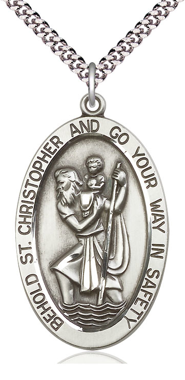 Sterling Silver Saint Christopher Pendant on a 24 inch Light Rhodium Heavy Curb chain