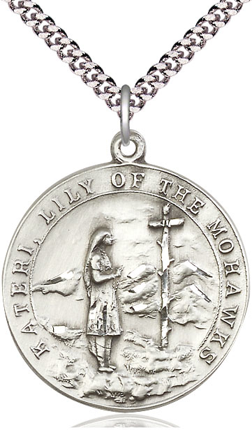 Sterling Silver Saint Kateri Pendant on a 24 inch Light Rhodium Heavy Curb chain