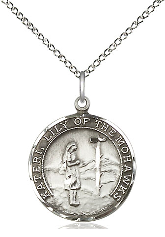 Sterling Silver Saint Kateri Pendant on a 18 inch Sterling Silver Light Curb chain