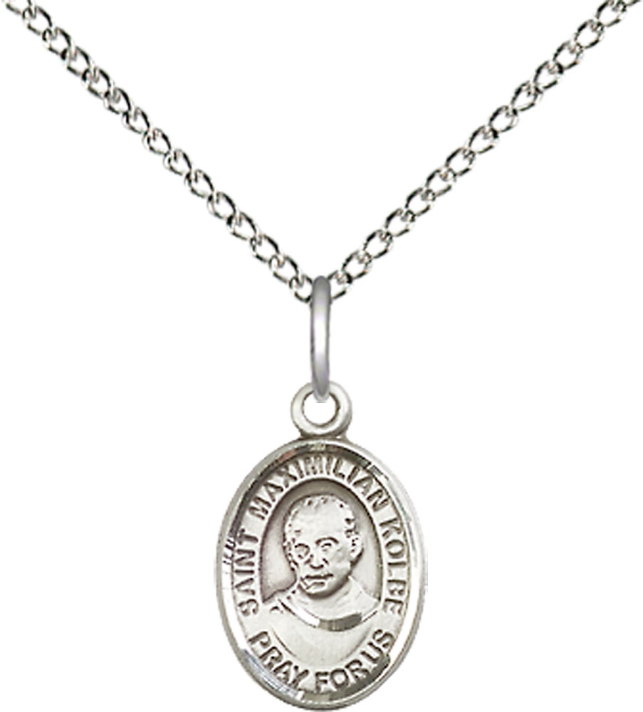 Sterling Silver Saint Maximilian Kolbe Pendant on a 18 inch Sterling Silver Light Curb chain