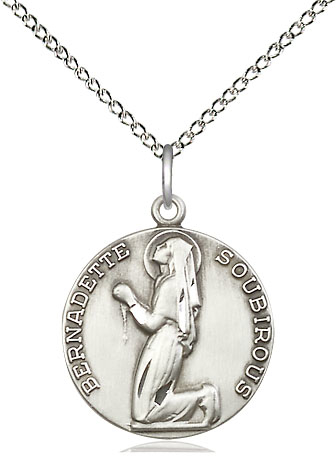 Sterling Silver Saint Bernadette Pendant on a 18 inch Sterling Silver Light Curb chain