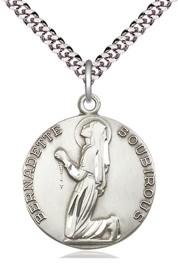 Sterling Silver Saint Bernadette Pendant on a 24 inch Light Rhodium Heavy Curb chain