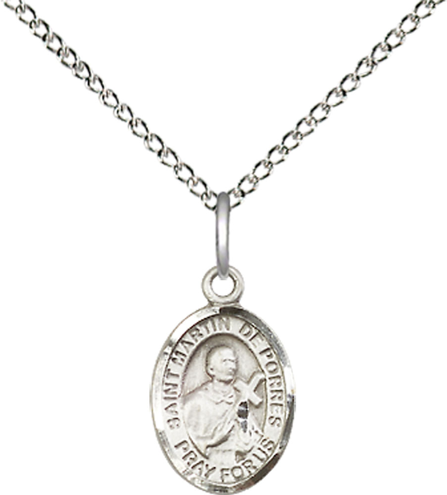 Sterling Silver Saint Martin de Porres Pendant on a 18 inch Sterling Silver Light Curb chain