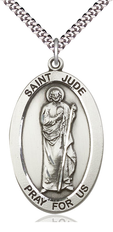 Sterling Silver Saint Jude Pendant on a 24 inch Light Rhodium Heavy Curb chain