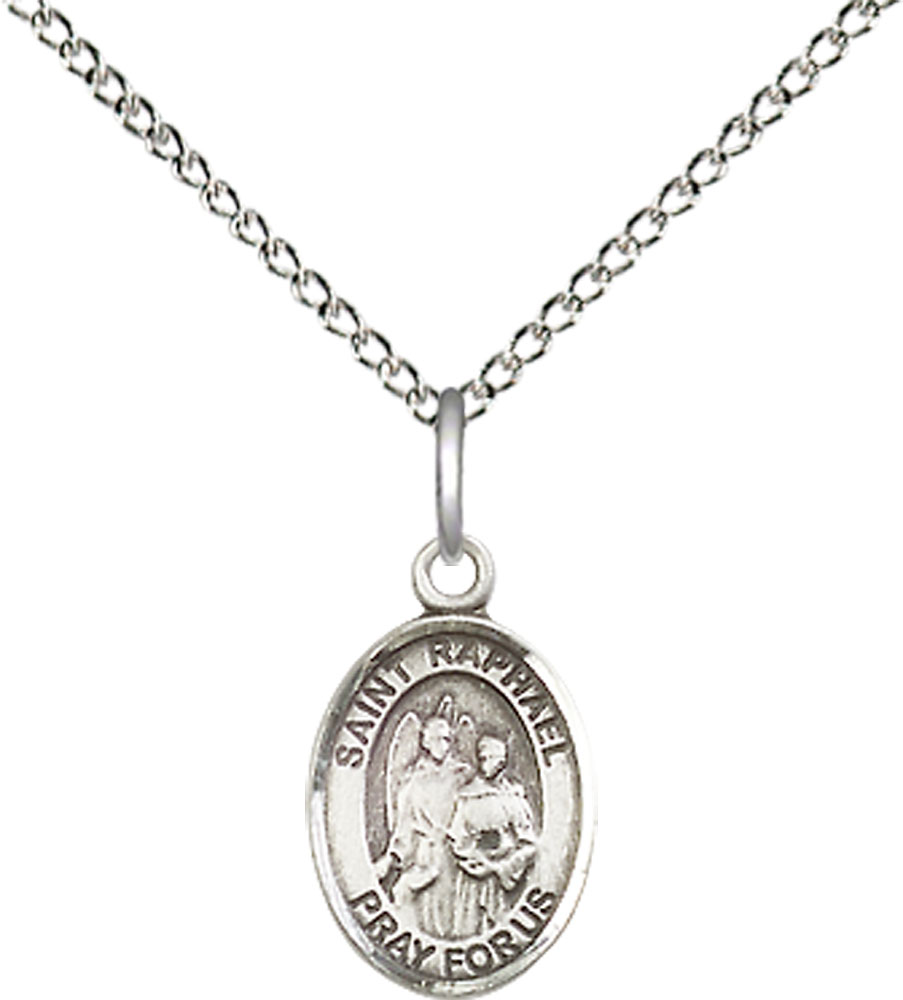Sterling Silver Saint Raphael the Archangel Pendant on a 18 inch Sterling Silver Light Curb chain