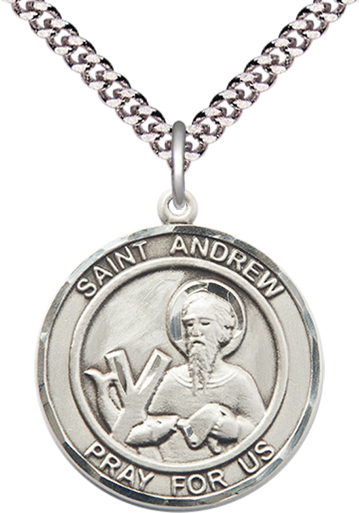 Sterling Silver Saint Andrew the Apostle Pendant on a 24 inch Light Rhodium Heavy Curb chain