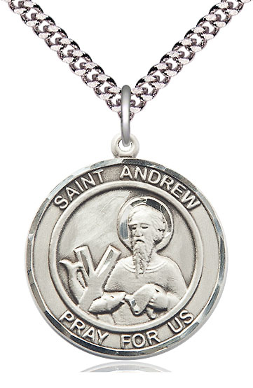 Sterling Silver Saint Andrew the Apostle Pendant on a 24 inch Light Rhodium Heavy Curb chain