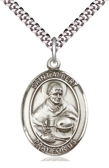 Sterling Silver Saint Albert the Great Pendant on a 24 inch Light Rhodium Heavy Curb chain