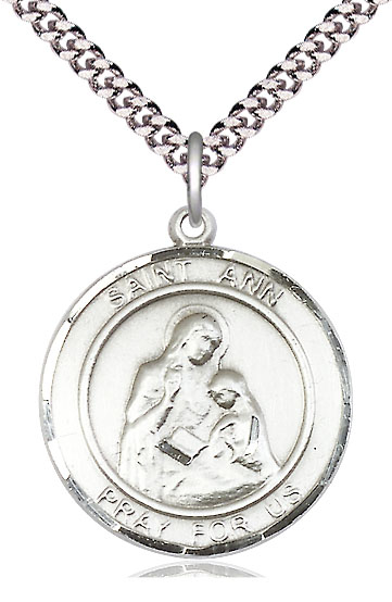 Sterling Silver Saint Ann Pendant on a 24 inch Light Rhodium Heavy Curb chain