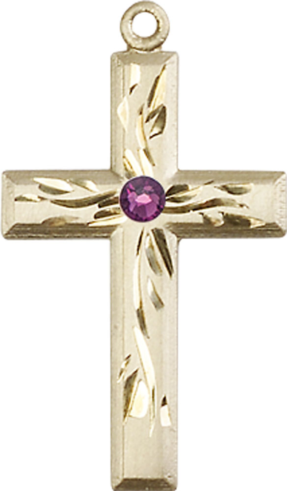 14kt Gold Filled Cross Medal with a 3mm Amethyst Swarovski stone