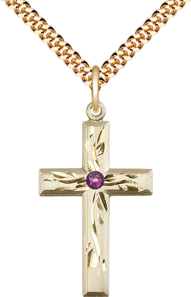 14kt Gold Filled Cross Pendant with a 3mm Amethyst Swarovski stone on a 24 inch Gold Plate Heavy Curb chain
