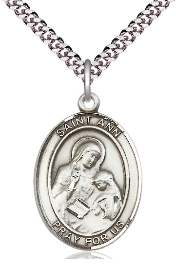 Sterling Silver Saint Ann Pendant on a 24 inch Light Rhodium Heavy Curb chain