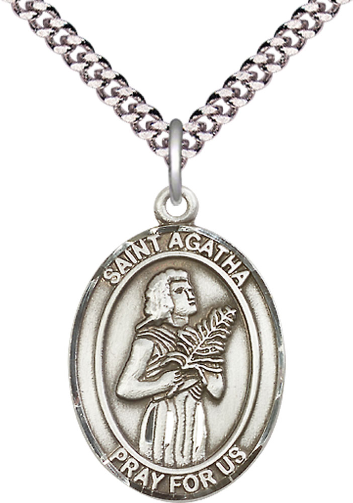Sterling Silver Saint Agatha Pendant on a 24 inch Light Rhodium Heavy Curb chain