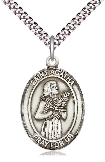 Sterling Silver Saint Agatha Pendant on a 24 inch Light Rhodium Heavy Curb chain