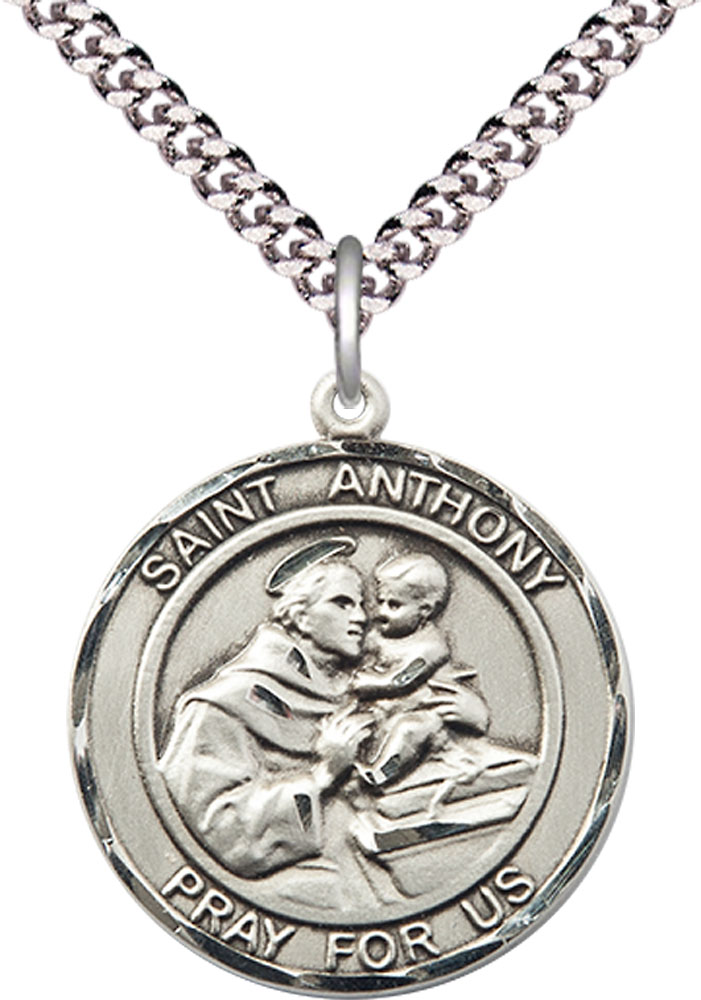 Sterling Silver Saint Anthony of Padua Pendant on a 24 inch Light Rhodium Heavy Curb chain