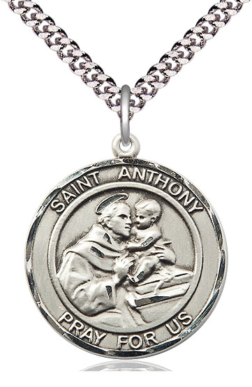 Sterling Silver Saint Anthony of Padua Pendant on a 24 inch Light Rhodium Heavy Curb chain