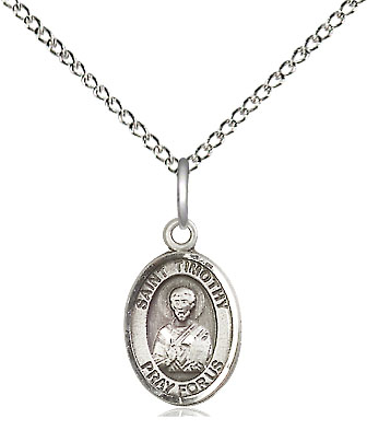 Sterling Silver Saint Timothy Pendant on a 18 inch Sterling Silver Light Curb chain