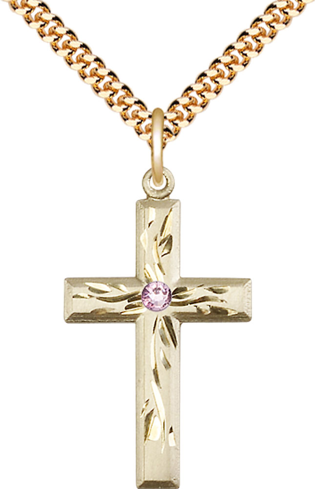 14kt Gold Filled Cross Pendant with a 3mm Light Amethyst Swarovski stone on a 24 inch Gold Plate Heavy Curb chain