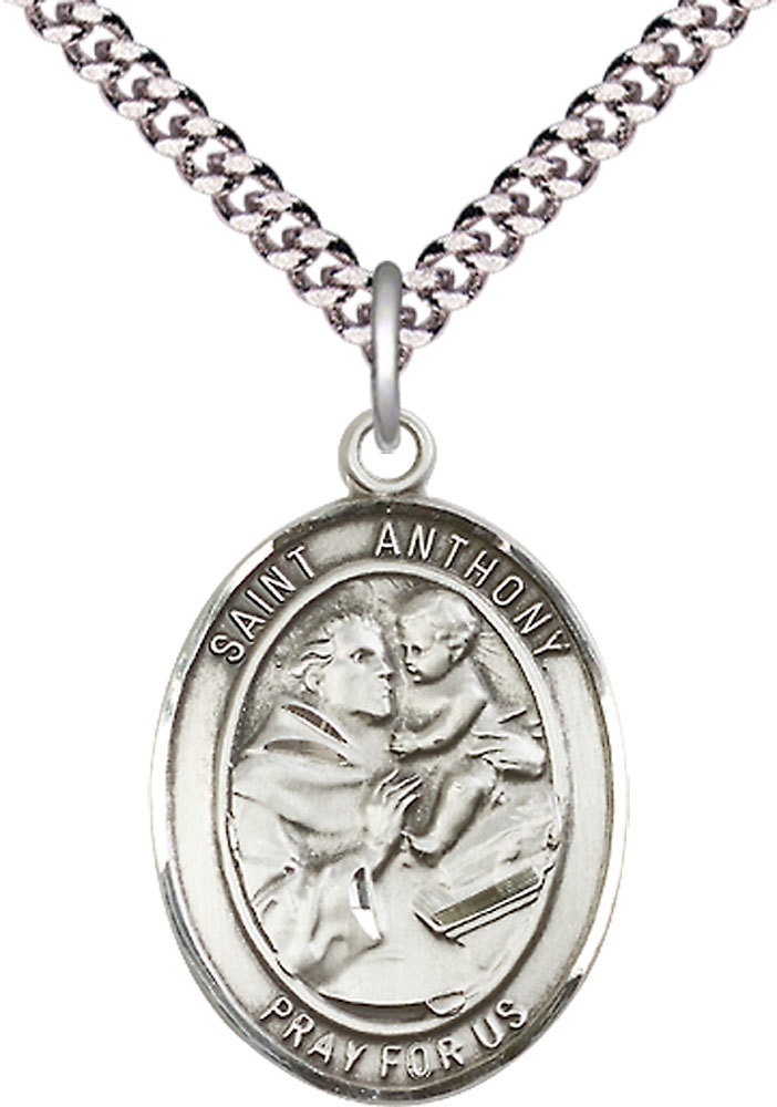 Sterling Silver Saint Anthony of Padua Pendant on a 24 inch Light Rhodium Heavy Curb chain