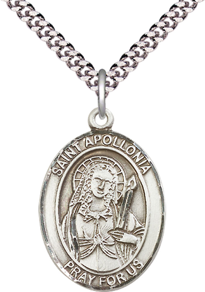 Sterling Silver Saint Apollonia Pendant on a 24 inch Light Rhodium Heavy Curb chain