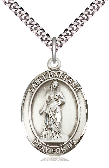 Sterling Silver Saint Barbara Pendant on a 24 inch Light Rhodium Heavy Curb chain