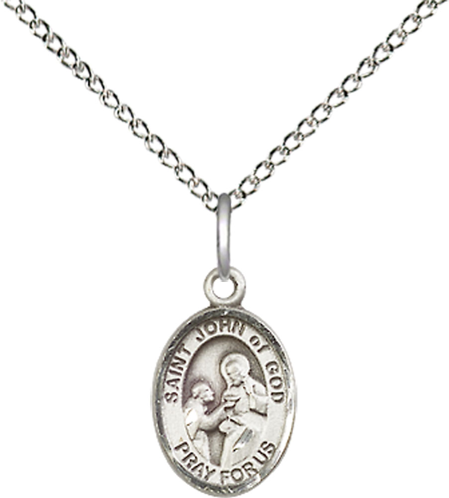 Sterling Silver Saint John of God Pendant on a 18 inch Sterling Silver Light Curb chain