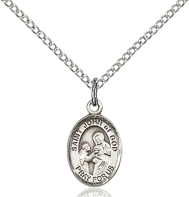 Sterling Silver Saint John of God Pendant on a 18 inch Sterling Silver Light Curb chain