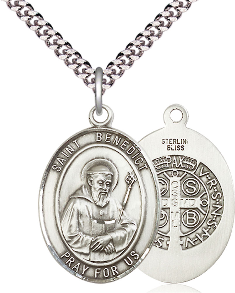 Sterling Silver Saint Benedict Pendant on a 24 inch Light Rhodium Heavy Curb chain