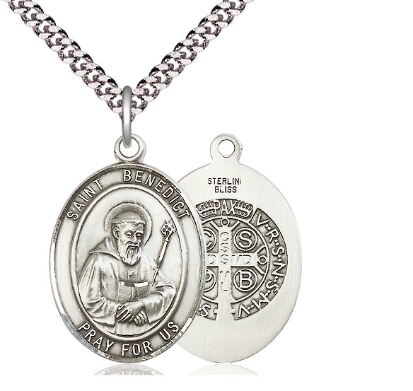 Sterling Silver Saint Benedict Pendant on a 24 inch Light Rhodium Heavy Curb chain