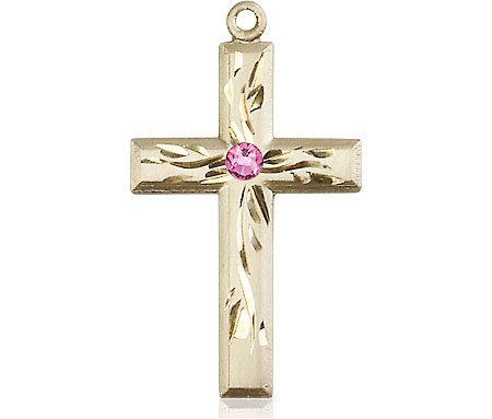 14kt Gold Cross Medal with a 3mm Rose Swarovski stone