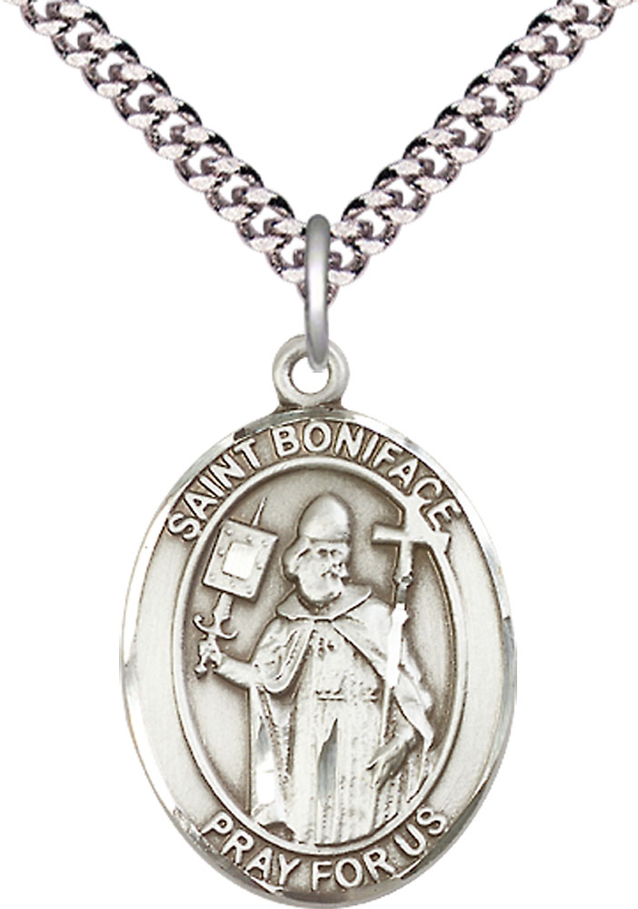 Sterling Silver Saint Boniface Pendant on a 24 inch Light Rhodium Heavy Curb chain
