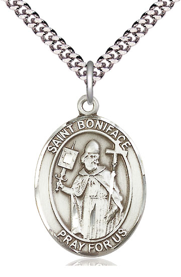 Sterling Silver Saint Boniface Pendant on a 24 inch Light Rhodium Heavy Curb chain