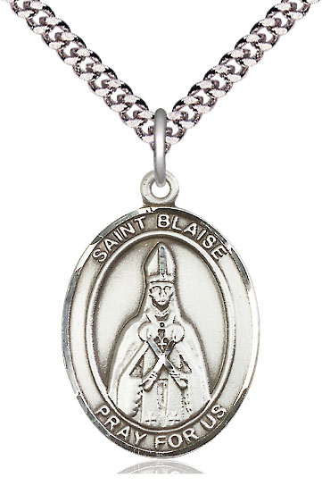 Sterling Silver Saint Blaise Pendant on a 24 inch Light Rhodium Heavy Curb chain