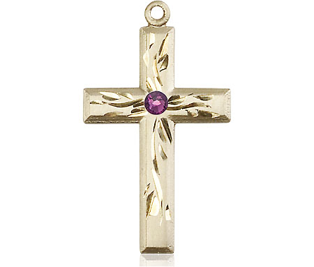 14kt Gold Cross Medal with a 3mm Amethyst Swarovski stone