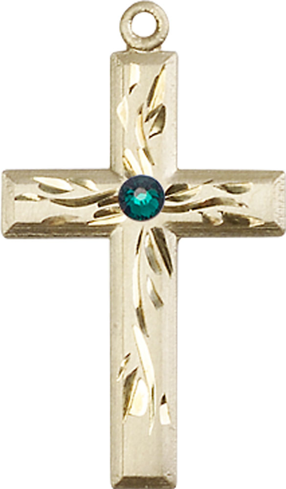 14kt Gold Cross Medal with a 3mm Emerald Swarovski stone