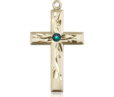 14kt Gold Cross Medal with a 3mm Emerald Swarovski stone