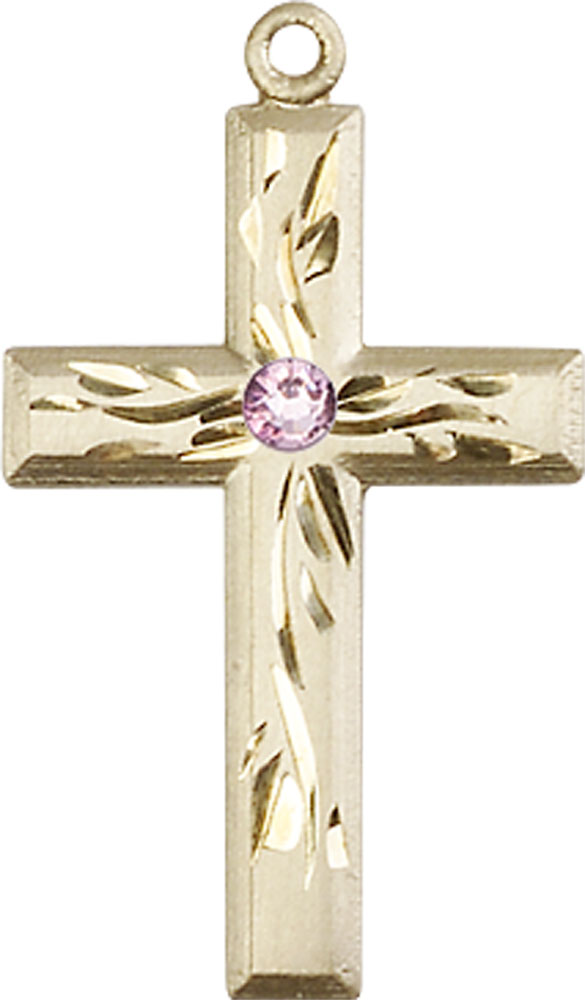 14kt Gold Cross Medal with a 3mm Light Amethyst Swarovski stone