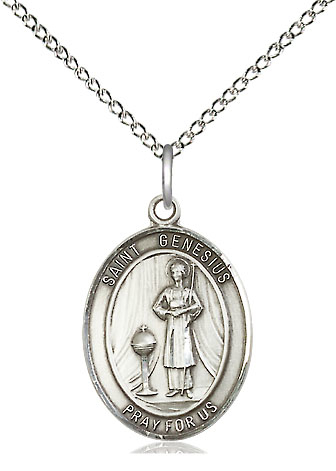 Sterling Silver Saint Genesius of Rome Pendant on a 18 inch Sterling Silver Light Curb chain