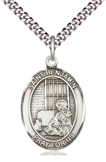 Sterling Silver Saint Benjamin Pendant on a 24 inch Light Rhodium Heavy Curb chain