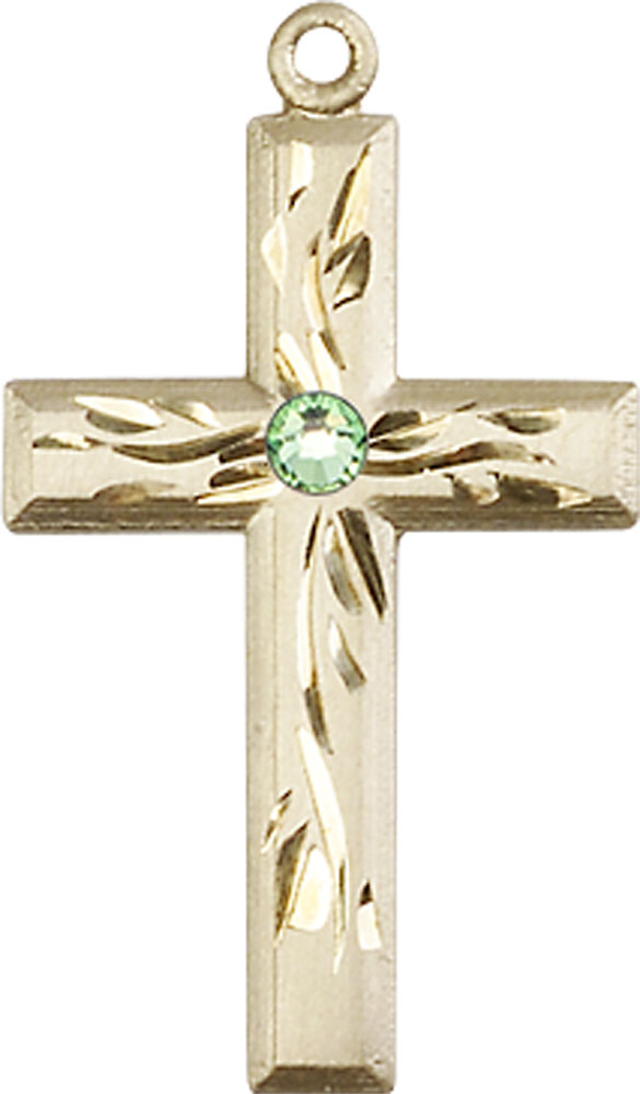 14kt Gold Cross Medal with a 3mm Peridot Swarovski stone