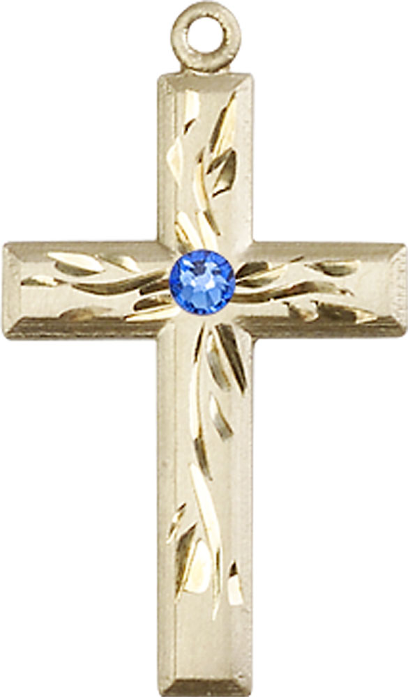14kt Gold Cross Medal with a 3mm Sapphire Swarovski stone