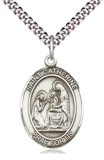 Sterling Silver Saint Catherine of Siena Pendant on a 24 inch Light Rhodium Heavy Curb chain