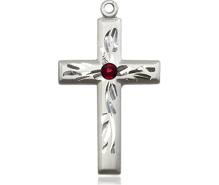 Sterling Silver Cross Medal with a 3mm Garnet Swarovski stone