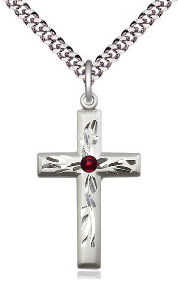 Sterling Silver Cross Pendant with a 3mm Garnet Swarovski stone on a 24 inch Light Rhodium Heavy Curb chain